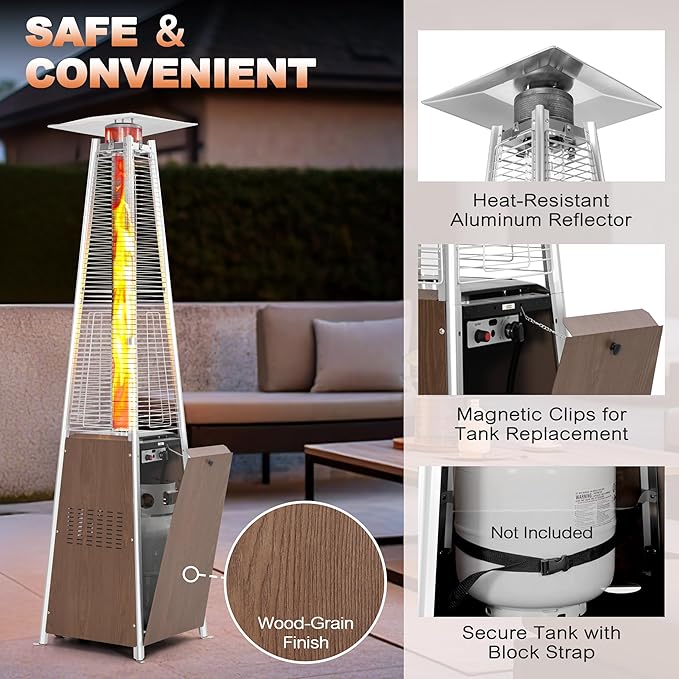 Nuu Garden 48,000 BTU Pyramid Propane Heater Outdoor Patio Heaters with Wheels, Patio Heater with Glass Tube Deck Porch for Outdoor Use Camping Backyard, Stainless Steel Burner, Wood-Grain Finish