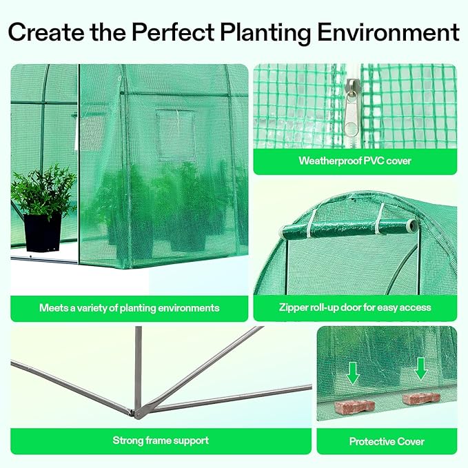VIVOSUN 10x7x7 Ft. Large Walk in Greenhouse, Greenhouse Tunnel, Garden Plant Hot House with Green PE Cover, Roll-up Zipper Door and Window for Outdoor