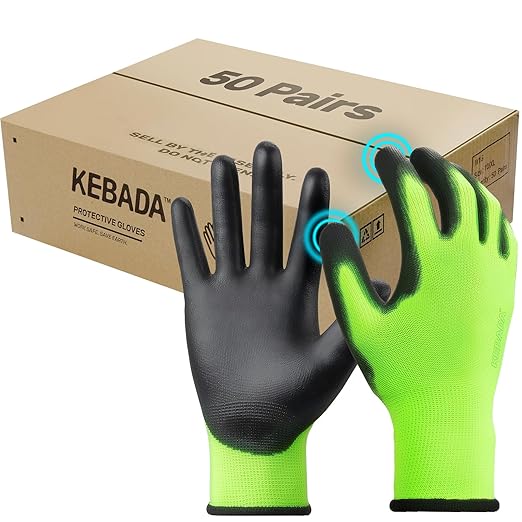 Kebada W1 Work Gloves for Men and Women, Touchscreen PU Coated Gloves with Grip, 50 Pairs Bulk Pack, Ideal for Warehouse Package Handling, Construction, Gardening, Green X-Large