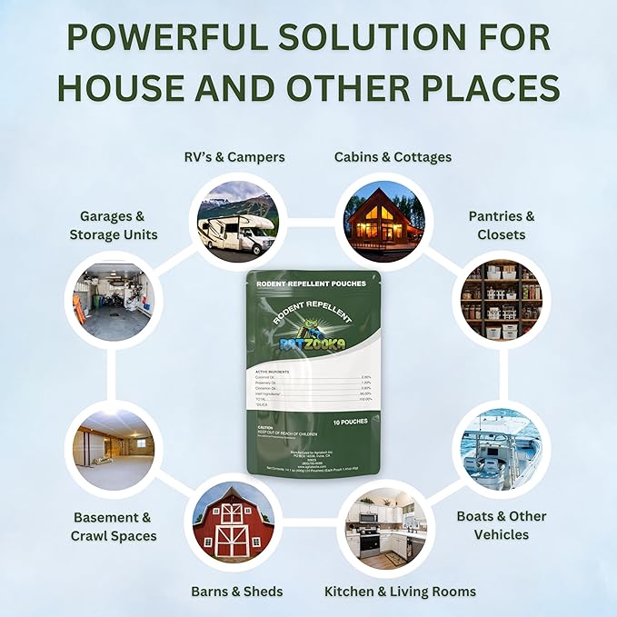 Extra-Strength Mouse Repellent Pouches with Cinnamon/Cornmint Oils, (10 Pouches) Natural Rodent Repellent, Indoor & Outdoor Mice Repellent, Safe for Pets and Kids