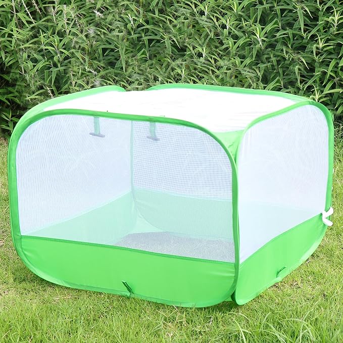 Mesh Plant Cover for Outdoor, Plant Netting Protector Garden Enclosure Cloche for Fruit, Vegetables, Strawberry, Flowers and Herbs Pop-Up Cage with 4 Stakes (White with Green, 39.4" x 39.4" x 19.7")