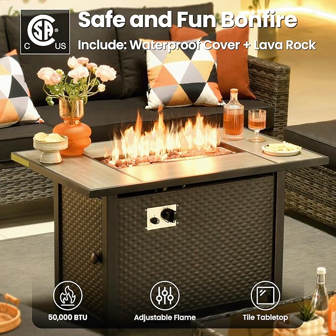 ovios 7 Pieces Patio Furniture Set with 42" Fire Pit Table, Outdoor Sofa Couch with Solar Lights Table Comfy Cushions, Modern Deep Seat Wicker Rattan Conversation Set, Black