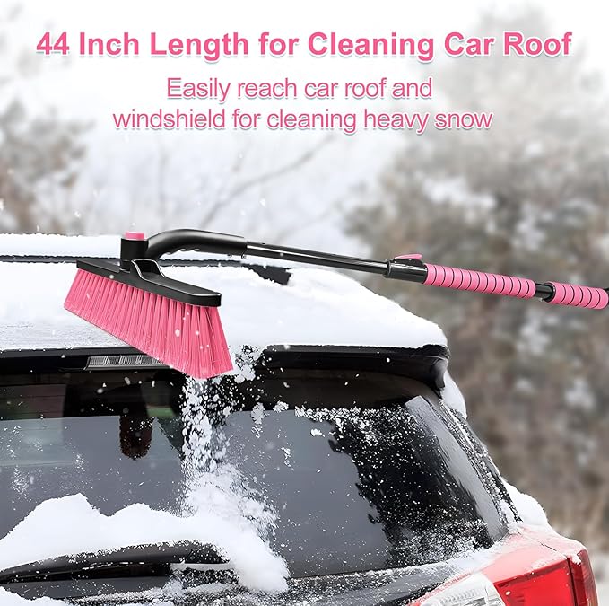 SEAAES 44 Inch Ice Scraper and Snow Brush for Car Windshield, Extendable Snow Removal Brush with Foam Grip for Truck SUV Vehicle Window - Pink