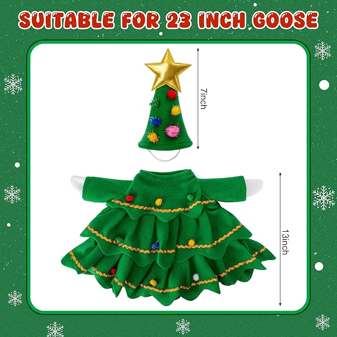 2 Pcs/Set Christmas Tree Porch Goose Outfits, Lawn Goose Statue Xmas Tree Costume, Green Christmas Garden Goose Clothes Dress and Hat for 23" High Statue Xmas Holiday Patio Yard Decor