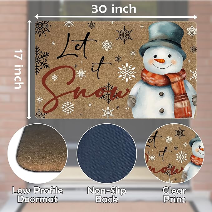 Let It Snow Christmas Faux Coir Door Mats Outdoor, Christmas Holiday Door Mat for Home Outside Entryway, Xmas Snowman Snowflake Welcome Doormat for Indoor Outdoor Porch Entrance, 17x30 Inch