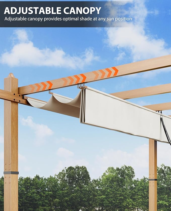 10x10 Ft Outdoor Retractable Pergola with Adjustable Roof Modern Metal Patio Gazebo, Upgraded Faux Wood Grain Aluminum Pergola for Deck, Backyard Gardens, Porches, Grapevines, Beige