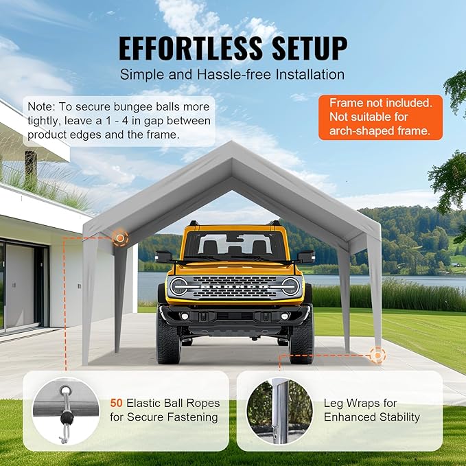 VEVOR Carport Replacement Canopy Cover 13 x 20 ft, Garage Top Tent Shelter Tarp Heavy-Duty Waterproof & UV Protected, Easy Installation with Ball Bungees,Grey (Only Top Cover, Frame Not Include)