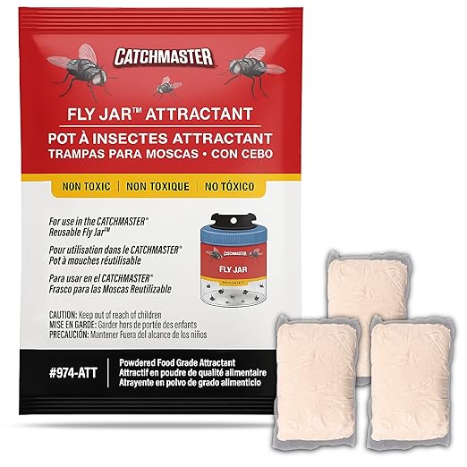 Catchmaster Reusable Fly Trap Outdoor Jar Refill 3-Pack Bait, Bug Catcher and Flying Insect Trap Natural Attractant Refill for Pest Control, Pet Safe, Bulk Fly Traps Bait