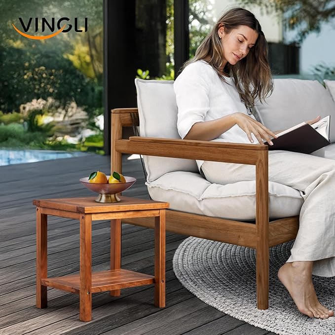 VINGLI 2-Tier Solid Wood Outdoor Side Table, Weather-Resistant Patio End Accent Table Wooden Coffee Table for Garden, Balcony, Porch