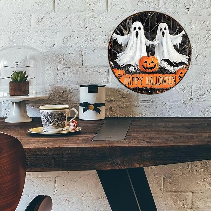 PEACHGARDEN Round Happy Halloween Pumpkin Wreath Vintage Sign Halloween Ghost Metal Tin Sign for Home Bar Kitchen Hotel Dining Room Coffee 12x12inch