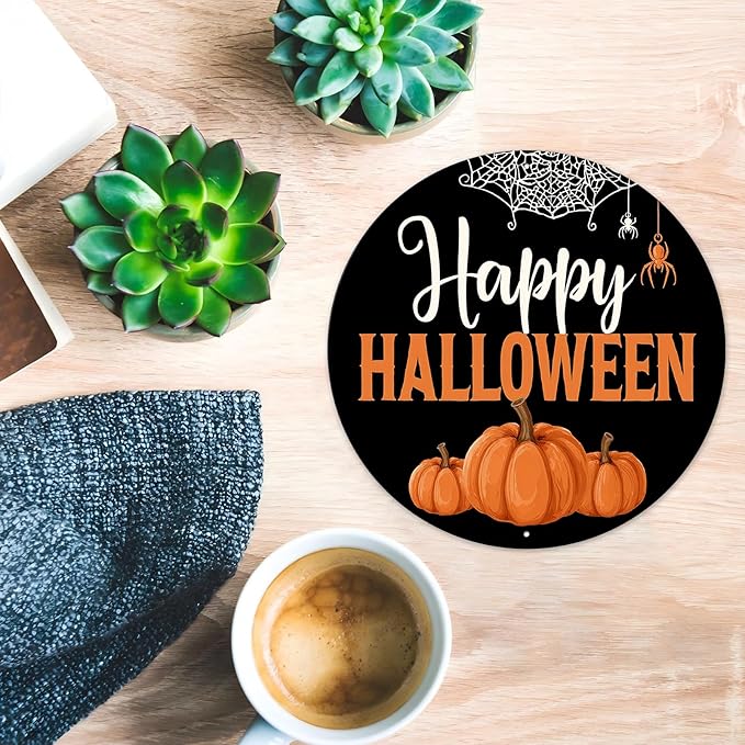 PEACHGARDEN Halloween Pumpkin Metal Tin Sign Vintage Pumpkin Decor Round Welcome Retro Wall Art Gothic Plaque Spooky Home Porch Decorations 8x8inch