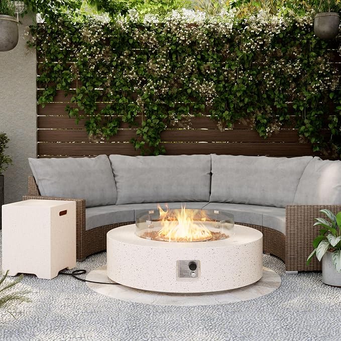 SUNBURY Outdoor 42 Inch Propane Fire Pit Table, 50000 BTU Spotted White Patio Gas Fire Table w Glass Wind Guard, Tank Table, Lava Rocks