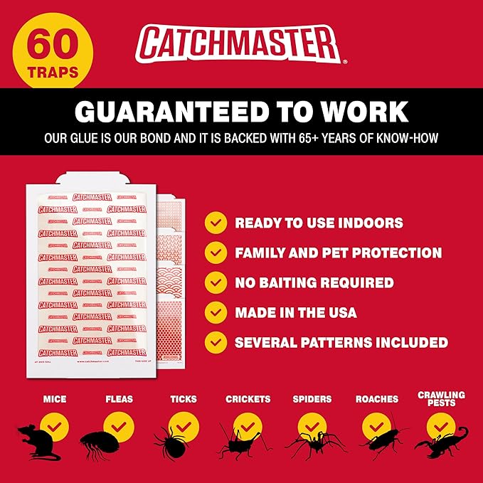 Catchmaster Pro Strength Mouse & Insect Glue Boards 60pk Traps Indoor for Home, Adhesive Bug Catcher, Rat & Rodent Sticky Trap, Non Toxic Bulk Pre-Baited Glue Traps, Pet Safe House Pest Control