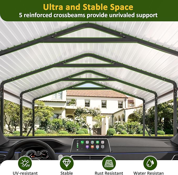 Carport 12x20 FT Heavy Duty Carports Canopy with Updated Frame Structure Galvanized Steel Roof and Enhanced Base, Metal Carport Garage for Pickup, Boat, Car and Tractors