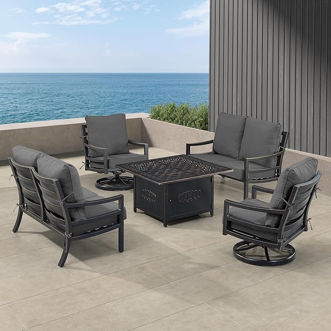 Oakland Living Black Aluminum Patio Fire Table Set with Two Deep Seating Loveseat with Cushions and Two Club Chairs with Black Cushions