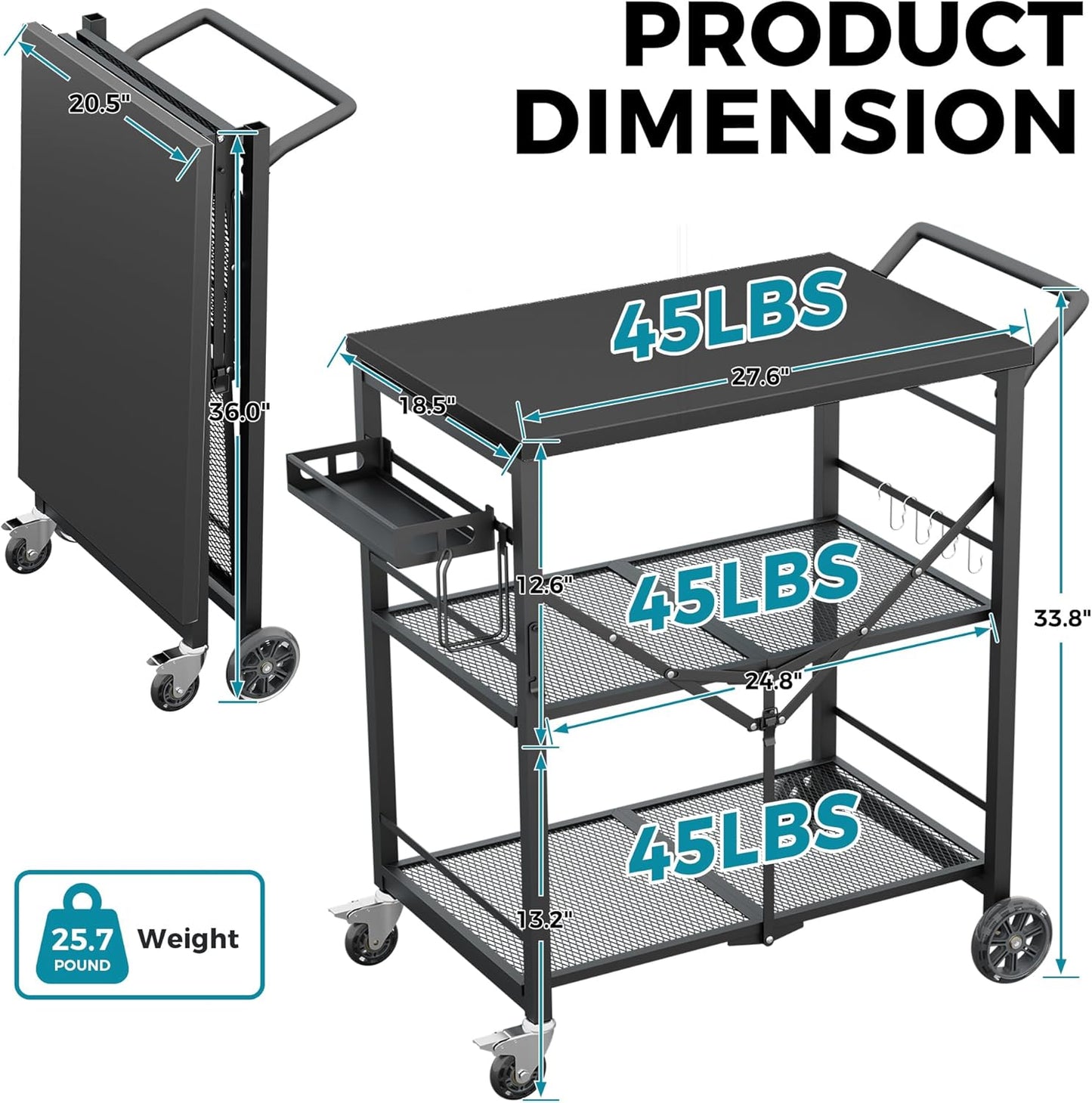 Ciokea Folding Outdoor Grill Cart with Wheels, 3-Shelf Grill Table with 27x18 in Table Top, Rolling Pizza Oven Stand, Metal Portable Cart for BBQ Patio Camping (All Black)