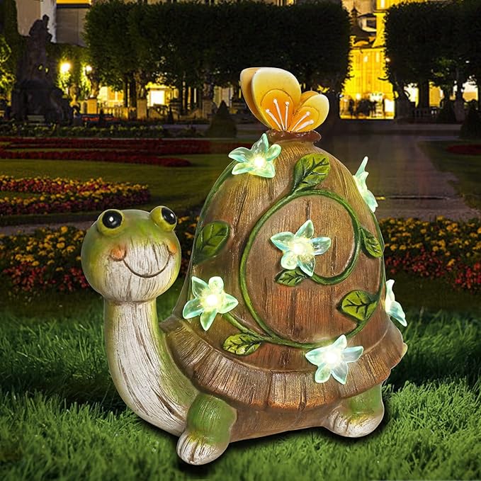 Bshine Solar Garden Statue Turtle Figurine Resin Animal Sculpture Decor with Solar Lights Cute Art Sculpture for Patio Lawn Yard Outdoor Decorative