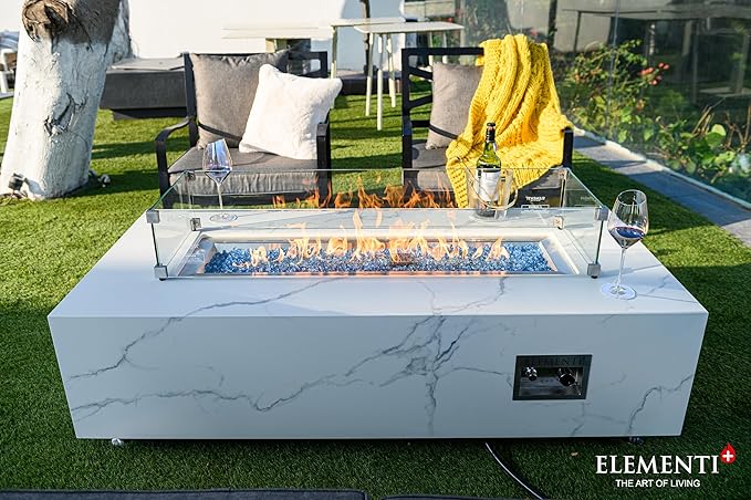 Elementi+ | Bundle Carrara Gas Fire Pit | Marble Porcelain & Metal Frame | 60" Rectangular Fire Table | Electronic Ignition | Canvas Cover, Fire Glass & Burner Lid Included | White | Natural Gas