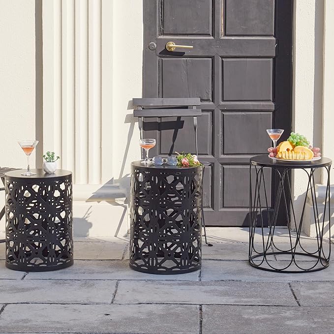 Y&M Set of 3 Stacking Coffee Table for Living Room, Patio Side Table,Indoor End Tables for Bedroom, Outdoor Decorative Garden Stool with Heavy Duty Metal Frame Modern Industrial Decor - Black