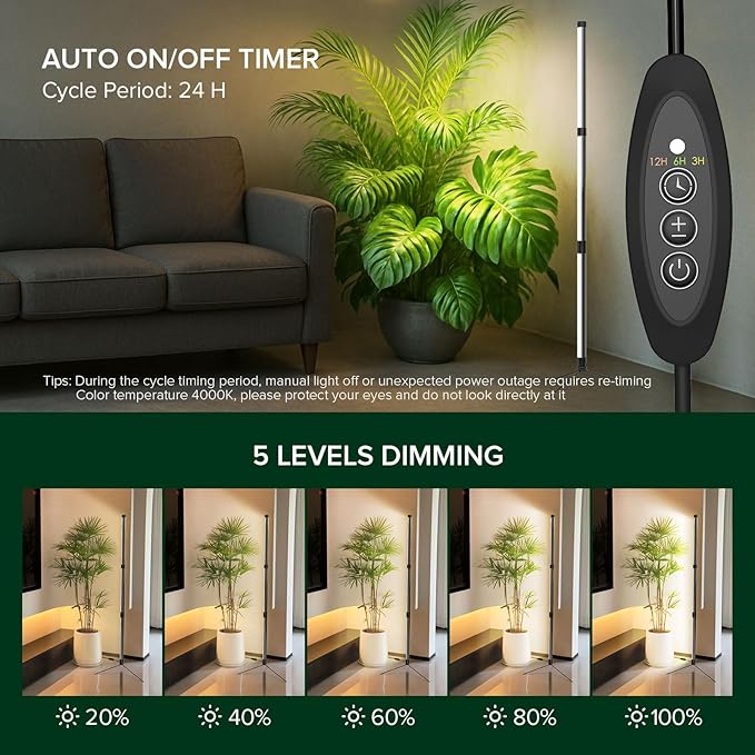 SANSI Vertical Grow Light, T10 Standing Grow Light for Indoor Plants, 55W 144 LEDs Full Spectrum Plant Light 4.34FT Adjustable Three-Stage, 5 Dimming, 4000K, Timer 3/6/12h for Wide Coverage Growth