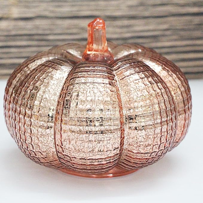 Mercury Glass Pumpkin Lights with Timer, Battery Operated Led Pumpkin Lights for Halloween Fall,Thanksgiving Rustic Decor (Rosegold Grid-Patterned, 5.5")
