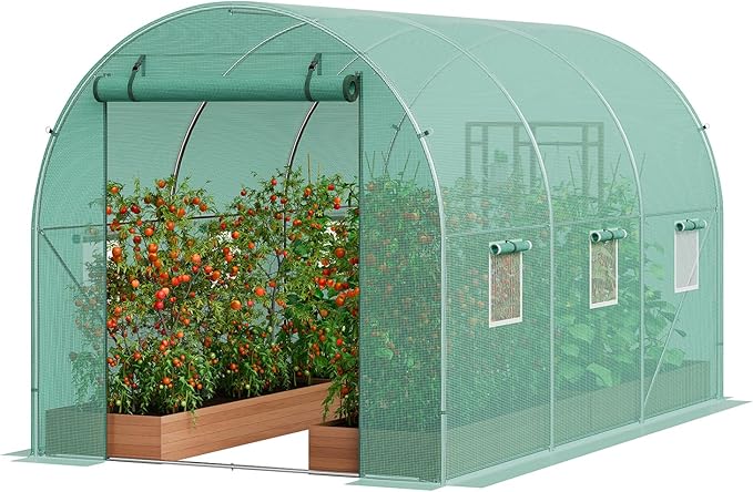 VEVOR Walk-in Tunnel Greenhouse, 11.3x6.4x6.3 ft Hoop House Greenhouse Tunnel, Plant Hot House with Galvanized Steel Frame, Green PE Cover, Roll-up Zipper Door and 6 Windows for Outdoor