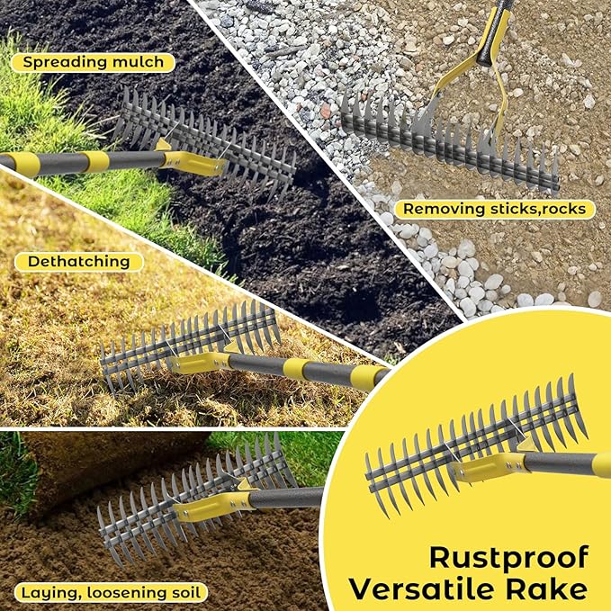 Thatch Rake,69 Inch Garden Thatching Rake for Grass Removal, 15 Inch Wide Heavy Duty 19 Teeth Steel Metal Garden Leaf Rakes,Landscaping Raking Garden Tools for Lawn Care Loosening Leveling Soil Mulch