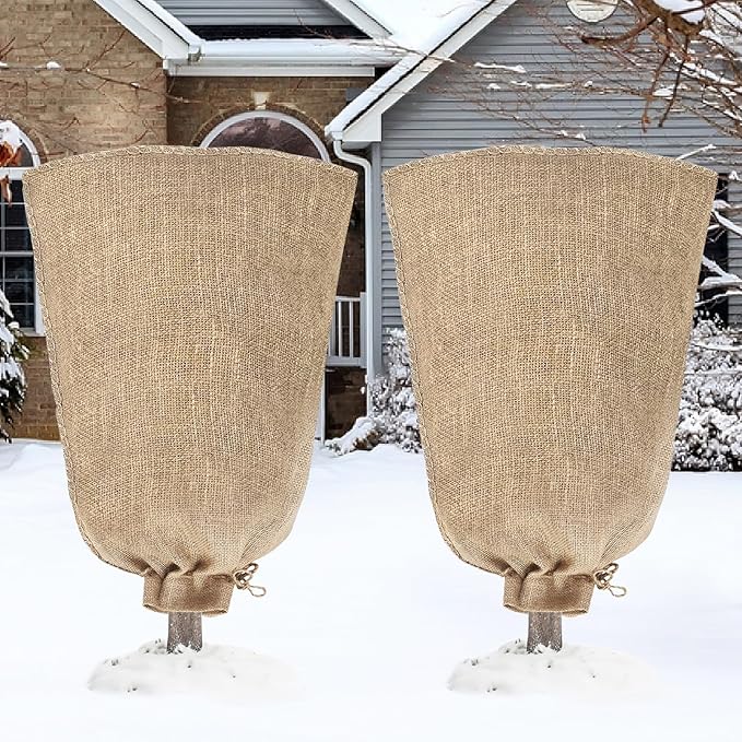 Riare 2 Packs 24 × 40 Inch Burlap Winter Plant Cover Bags with Drawstring- Reusable Large Burlap Sack Plant Frost Protector, Plant Frost Cloth Cold Tree Freeze Blanket for Outdoor Plants Shrubs Fruit