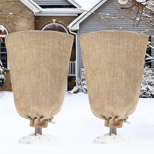 Riare 2 Packs 24 × 40 Inch Burlap Winter Plant Cover Bags with Drawstring- Reusable Large Burlap Sack Plant Frost Protector, Plant Frost Cloth Cold Tree Freeze Blanket for Outdoor Plants Shrubs Fruit