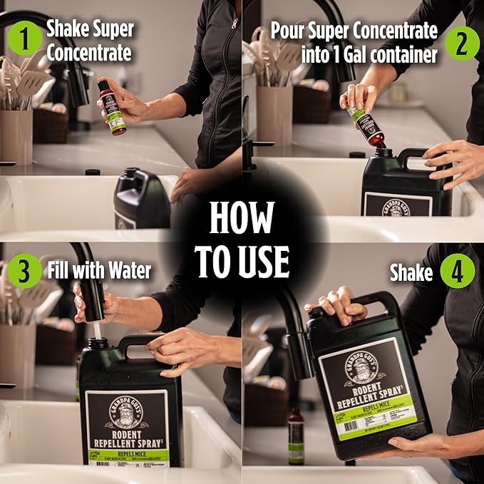 Grandpa Gus's Super Concentrate Rodent Repellent, 4 oz Makes 1 Gallon, Natural Peppermint Oil Spray, Humane Mice & Rats Control for Home & Garden, 4 oz