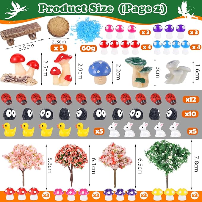 100 Pcs Fairy Garden Accessories Miniatures Figures Kit Micro Landscape Terrarium Ornaments Resin Mushroom Animal Fake Pond Lawn Bridge Garden Dollhouse Decoration