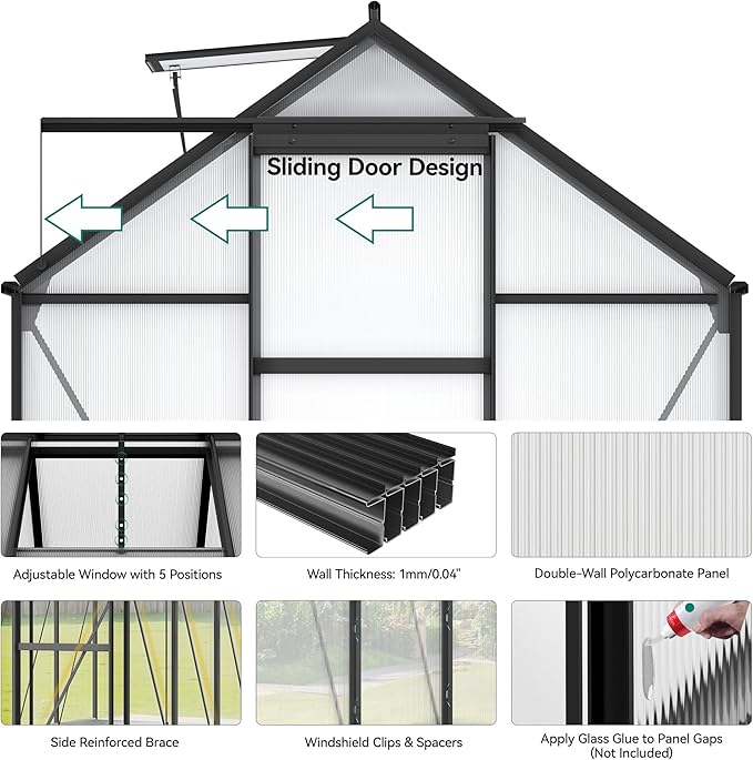 YITAHOME 10x6FT Polycarbonate Greenhouse Heavy Duty Green Houses Outdoor Aluminum Greenhouses w/ Sliding Doors Vent Window Walk-in Greenhouse for Garden Backyard, Matte Black