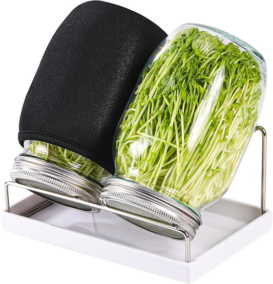 Sprouting Kit,Seed Sprouting Jar Kit,2Pcs Large Wide Mouth Mason Jar with 304 Stainless Steel Screen Sprout Lid,Sprout Jar Stand,Tray,Blackout Sleeves,Sprouts Growing Kit for Broccoli,Mung Bean