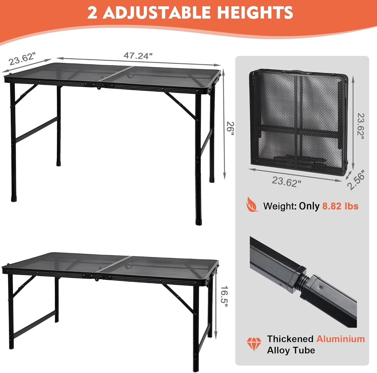 Camping Table with Mesh Desktop, Lightweight & Portable Folding Grill Table, Height Adjustable Metal Outdoor Table for Camp, Cooking, BBQ, RV, Picnic-4 FT Black