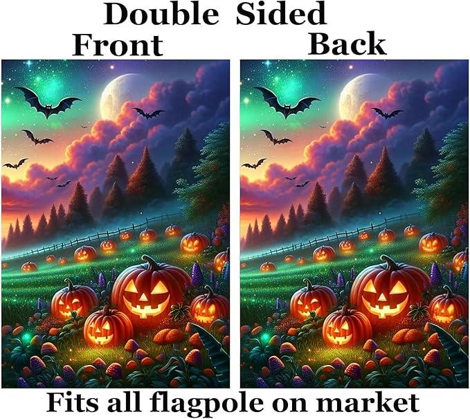 Fantasy Halloween Jack O Lantern Pumpkins Meadow Bats Full Moon Garden Yard Flag 12"x 18" Double Sided Polyester Welcome House Flag Banners for Patio Lawn Outdoor Home Decor