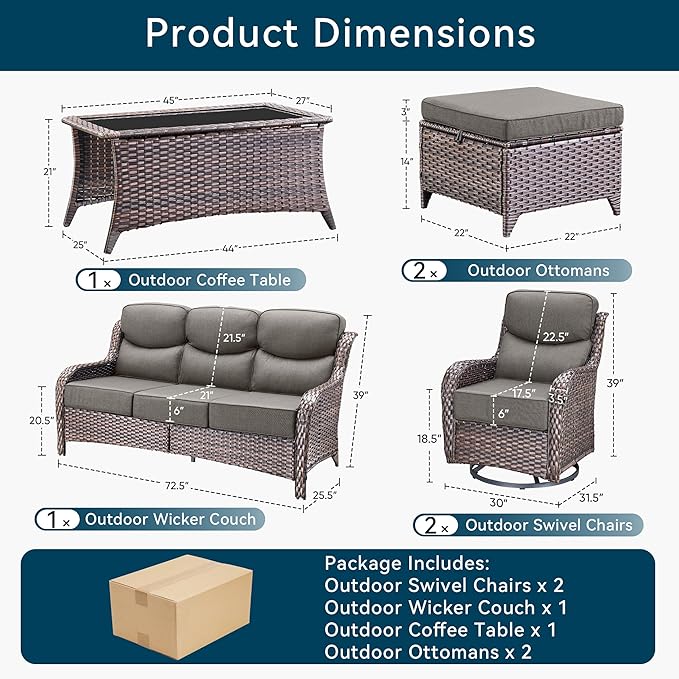 Luxury High Back Outdoor Furniture with 6-Inch Thick Cushions, Patio Furniture Set with Swivel Chairs, 6 PCS Wicker Conversation Set for Porch, Balcony, Deck and Yard