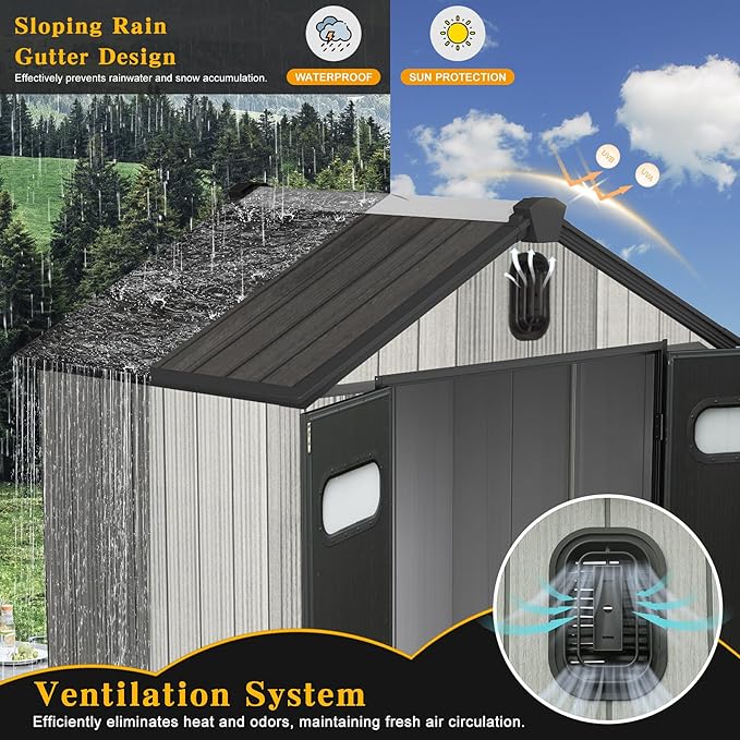 Domi 6x4FT Resin Outdoor Storage Shed with Lockable Door, Waterproof Outside Sheds with Windows & Vents, Heavy-Duty Plastic Tool Storage Shed for Patio Furniture, Lawn Mower, Bike