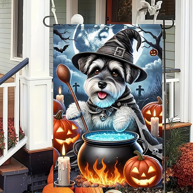 Halloween Garden Flag Double Sided 12x18 Flag Halloween Schnauzer Garden Flag Witch Pumpkin Cute Schnauzer Dog Cauldron Pumpkins Holiday Patio Wall Lawn Mail Outdoor Home Decor Banner