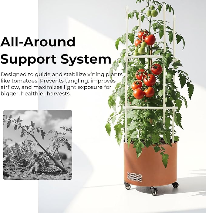 Corten Steel Planter Box with Trellis, 17” Round Patio Gardening Kit (45" Height) - Wheeled Metal Raised Bed for Tomatoes/Vines, Built-in Drainage & Weatherproof Cover