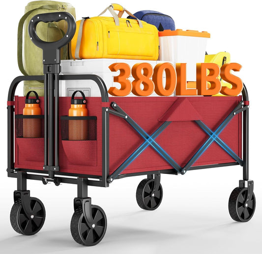 Foldable Wagon Cart, 380LBS Capacity Collapsible Wagon with All-Terrain Wheels, 220L Foldable Utility Cart & Grocery Cart on Wheels, Portable Lightweight 12LBS for Outdoor, Beach, Garden (Red)