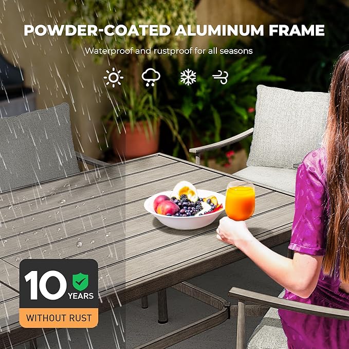 HAPPATIO 9-Piece Patio Table and Chairs Set for 8, Aluminum Outdoor Dining Set with Cushions, 8 Swivel Dining Chairs, 1 Large Rectangular Table with Umbrella Hole for Lawn, Porch, Backyard, Grey