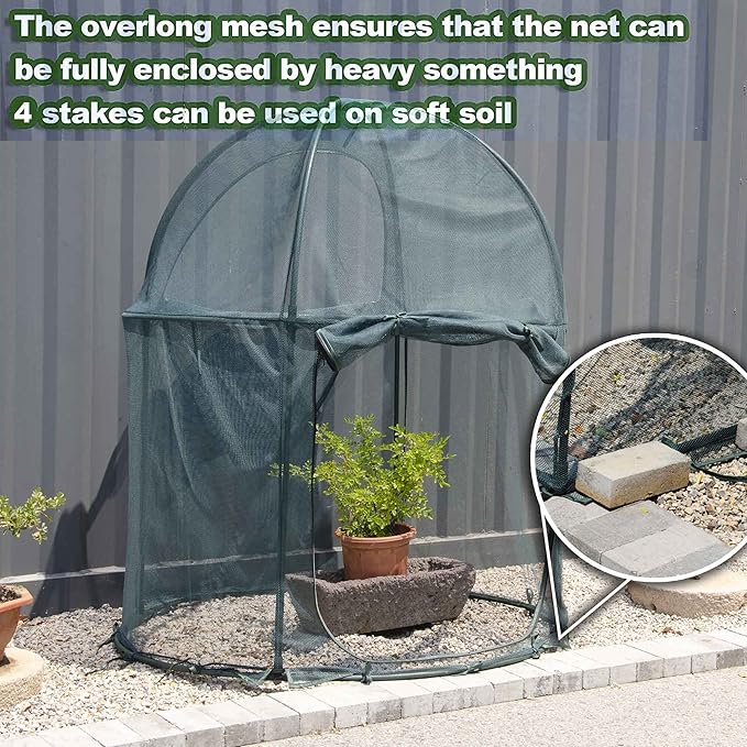 Round 4'x4' Large Plant Mesh Cover 4.9FT Tall Crop Netting Cage Pest Guard Cover for Vegetables Fruits Durable Plant Gardening Net