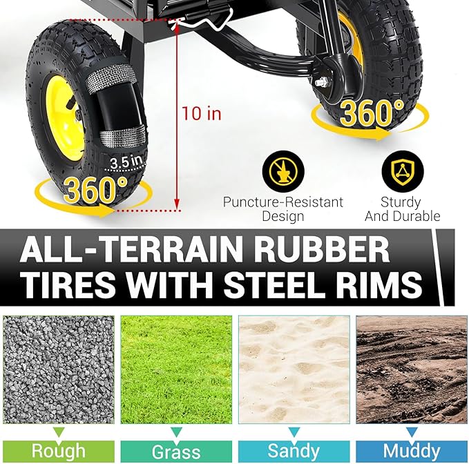 Heavy Duty Steel Garden Cart, 550LBS Pullable Metal Garden Wagon with 10" Wheels, 180° Rotating Handle and Removable Sides for Outdoor, Farm, Yard, Beach ﻿