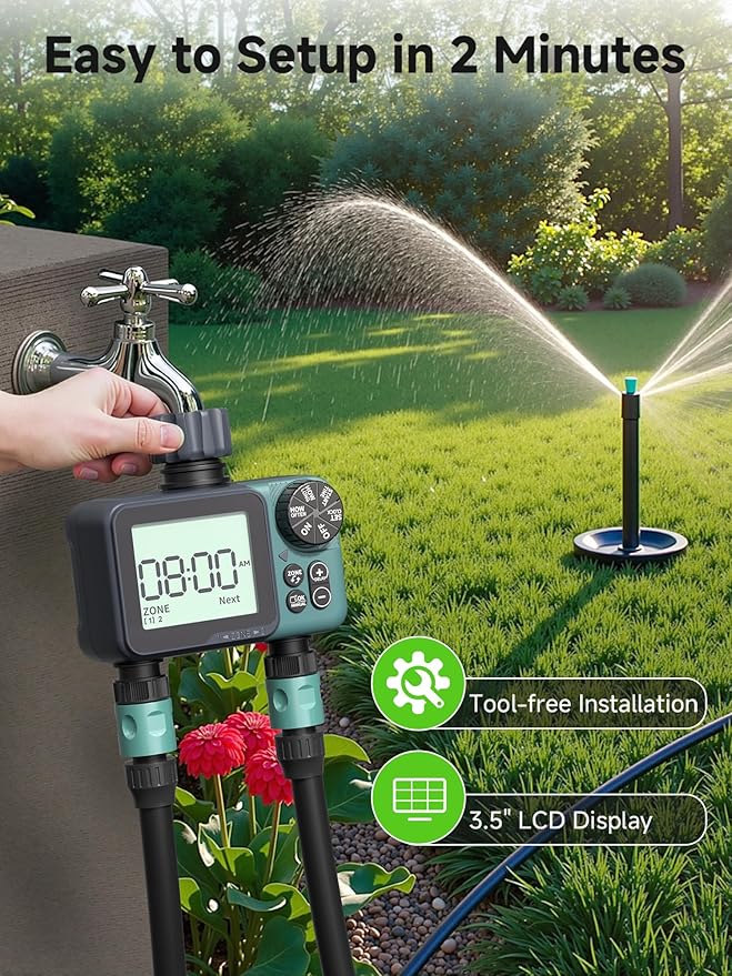 Sprinkler Timer 2 Zone, Programmable Water Timer for Garden Hose with Rain Delay, Manual and Automatic Irrigation Controller System, Waterproof Water Hose Timers for Yard, Lawn, Pool