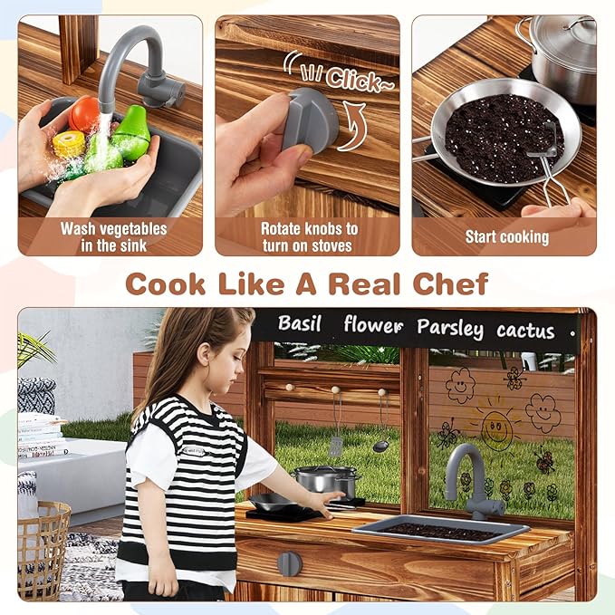 HONEY JOY Mud Kitchen, Cedar Wood Outdoor Play Kitchen for Toddlers, Acrylic Board, Removable Sink, 4 Planting Cups, Kitchen Accessories, Garden Time Mud Kitchen for Kids Outdoor Backyard