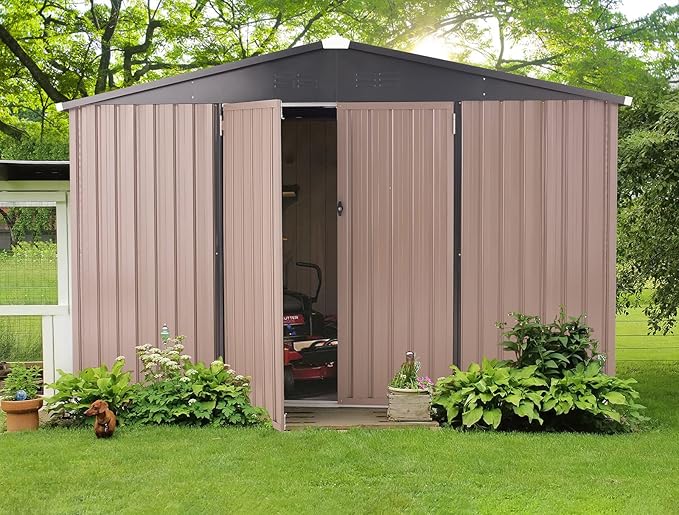 U-MAX 8' x 10' Shed Outdoor Storage Shed Clearance, Extra Large Yard Steel Metal Garden Shed with Design of Lockable Doors, Tool and Utility Storage for Backyard, Garden, Patio, Outside use in Taupe