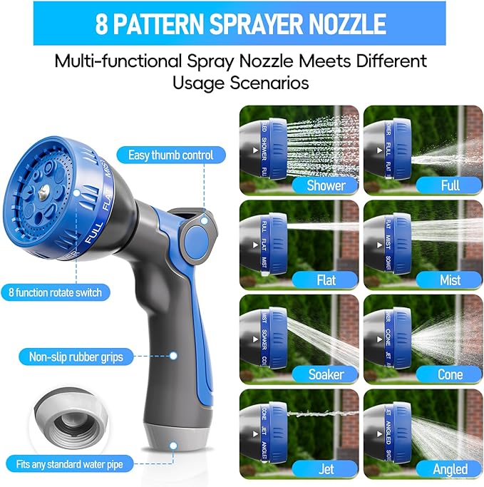 Garden Hose 75ft, 3-Layer Flexible Water Hose with 8 Pattern Spray Nozzle, Non-Expanding & Lightweight Stainless Steel Hose for Yard, Lawn, Outdoor-Leak Proof, No-kink & Tangle-free