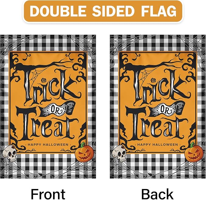 Halloween Garden Flag Trick Or Treat Without Candy 12x18 Double-Sided Pumpkin Decoration Water Buffalo Grid Halloween Party Welcome Holiday Courtyard Outdoor Haunted House Decoration Flag (Cartoon)