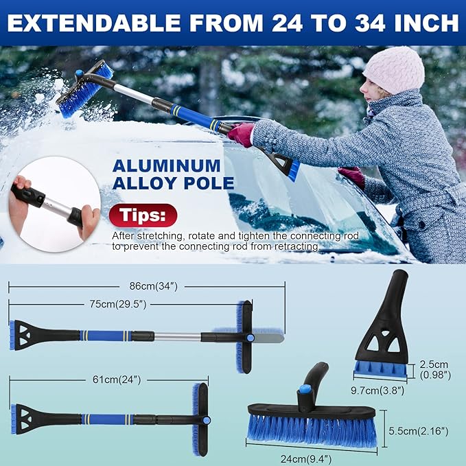 34" Extendable Ice Scrapers for Car Windshield 2-in-1 Snow Brush for Car Snow Scraper for Car Snow Scraper and Drush with Ergonomic Foam Grip for Cars, Trucks, SUVs with 360° Pivoting Brush Head Blue