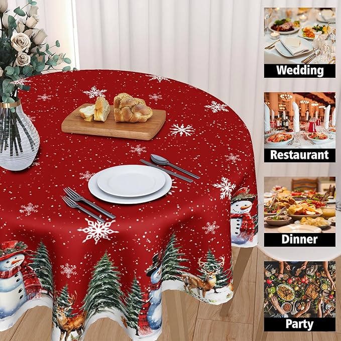 Giwawa Christmas Red Round Tablecloth 60 Inch Snowman Winter Snowflake Reindeer Decorative Table Cloth Polyester Fabric Washable Table Cover for Holiday Family Gathering Dining Party